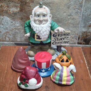 6 PC Set Gnome Greeter Statue 5 Inter-Changeable Hats Gnome Sweet Gnome